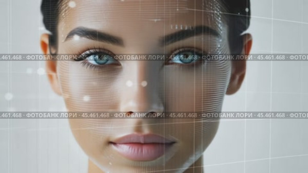 Facial recognition system analyzing woman's face with futuristic grid pattern. Стоковое AI-видео, аниматор Юрий Поздников / Фотобанк Лори