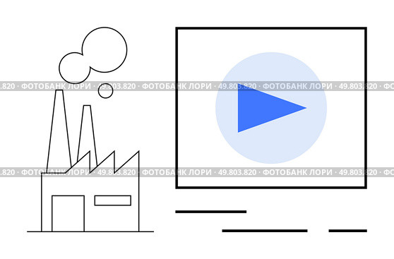 Factory with smoke stacks beside a video play button on screen, symbolizing digitization and automation in industry. Ideal for technology, manufacturing, online tutorials, digital transformation. Factory with smoke stacks beside a video play button on a screen, representing industrial automation. Стоковая иллюстрация, агентство Ingram Publishing / Фотобанк Лори