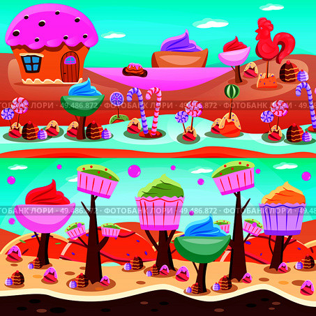Fairy tale candy land flat compositions with sweet lake and forest from cupcakes isolated vector illustration. Стоковая иллюстрация, агентство Ingram Publishing / Фотобанк Лори