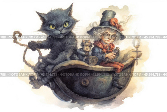 Fairy tale scene with characters. The main characters are a charming cat with big green eyes and a man in a top hat and glasses, sitting in an unusual vehicle that resembles half a cauldron. The man is dressed in a suit with a red scarf and boots, looks good-natured and slightly eccentric. The cat, on the contrary, expresses confidence and cunning. The composition includes a lantern, adding warm light and creating an atmosphere of coziness. The work is done in watercolor with soft shades, emphasizing the fairy tale and magical style. Стоковое AI-изображение, AI-художник Анна Кривицкая / Фотобанк Лори