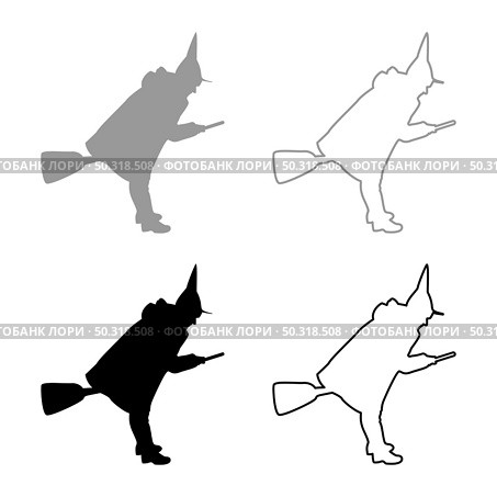 Fairy Wizard Witch flying on broom Subject for Halloween concept silhouette grey black color vector illustration solid outline style simple image. Fairy Wizard Witch flying on broom Subject for Halloween concept silhouette grey black color vector illustration solid outline style image. Стоковая иллюстрация, агентство Ingram Publishing / Фотобанк Лори