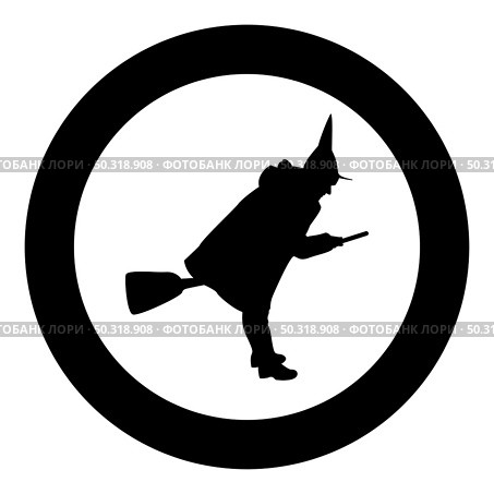 Fairy Wizard Witch flying on broom Subject for Halloween concept silhouette in circle round black color vector illustration solid outline style simple image. Fairy Wizard Witch flying on broom Subject for Halloween concept silhouette in circle round black color vector illustration solid outline style image. Стоковая иллюстрация, агентство Ingram Publishing / Фотобанк Лори