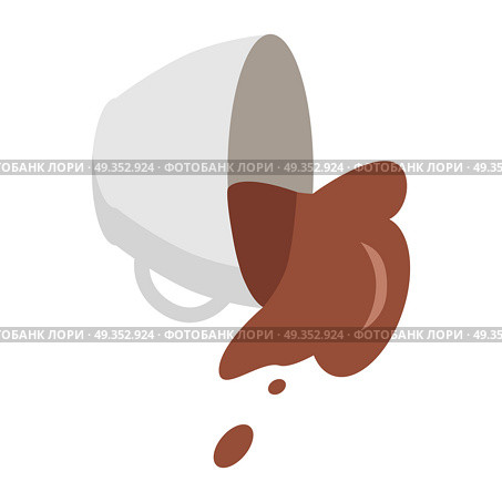 Fallen Coffee Cup with Spilled Coffee. Fallen white coffee cup with spilled coffee in flat. Coffee spill icon. Coffee stain. Isolated object in flat design on white background. Vector illustration. Стоковое фото, агентство Ingram Publishing / Фотобанк Лори