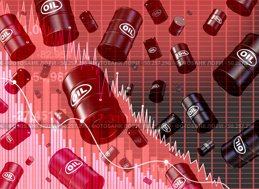Falling oil price dive and decrease of petroleum costs concept as a barrel with supply and demand shaped as a downward arrow as a metaphor for energy stock market decline with 3D illustration elements. Стоковое фото, агентство Ingram Publishing / Фотобанк Лори
