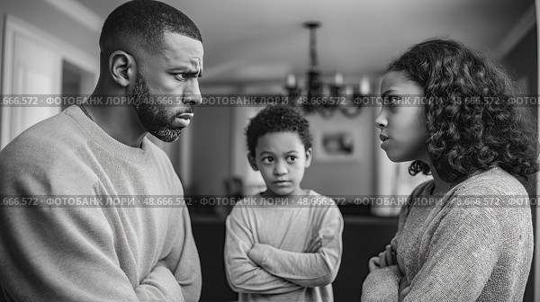 Family confrontation, father, daughter, and son engaging in heated argument at home. Стоковое AI-изображение, AI-художник Юрий Поздников / Фотобанк Лори