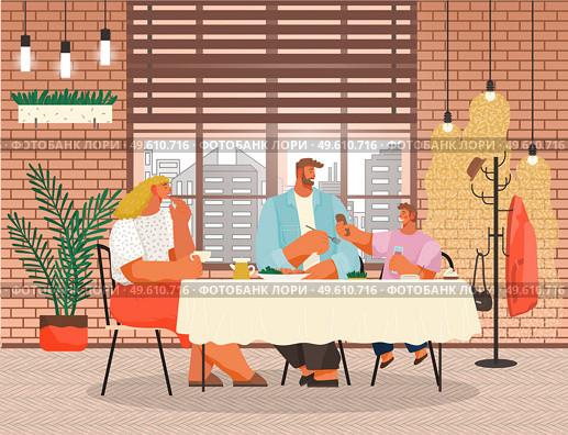 Family dining in restaurant near big window. Family members smiling mother, father and son sitting together at a table and eating dinner in modern loft style interior. Parents spend time with children. Family members smiling mother, father and son sitting together at a table in a restaurant and eating. Стоковая иллюстрация, агентство Ingram Publishing / Фотобанк Лори
