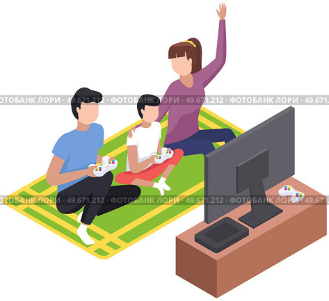 Family game concept, parents with kid play video game with tv screen holding gamepad controller. People and videogame with playstation. Entertainment for adults and children with modern digital device. Family game concept, parents with kid play video game with tv screen holding gamepad controller. Стоковая иллюстрация, агентство Ingram Publishing / Фотобанк Лори