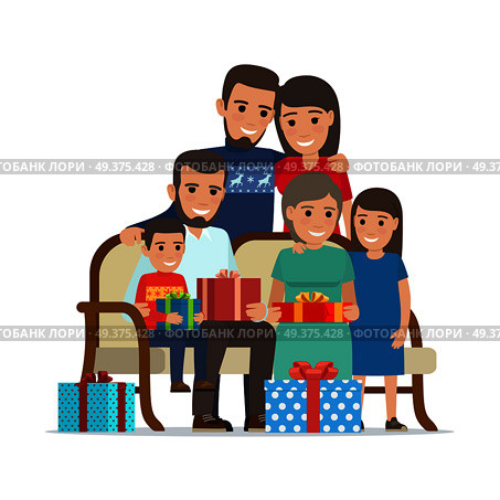 Family gathered together and holding present boxes. Vector illustration of children with grandmother and uncle sitting on sofa with gifts and mother with father behind. Holiday present concept. Family Gathered Together Holding Present Boxes. Стоковая иллюстрация, агентство Ingram Publishing / Фотобанк Лори