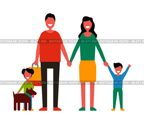 Family members mother, father, sons and dog pet isolated. Happy couple and children, close relatives walk together, cartoon style vector illustration. Family Members Mother, Father, Sons and Dog Vector. Стоковая иллюстрация, агентство Ingram Publishing / Фотобанк Лори