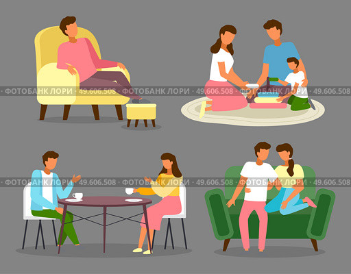 Family members spending time together at home. Mother, father and child playing with toy, resting, sitting on the couch and hugging, drink tea and coffee talking at the table. People engaged stay home. Family members spending time together at home. Mother, father and children in apartment. Стоковая иллюстрация, агентство Ingram Publishing / Фотобанк Лори