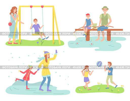 Family outdoor recreational activities, mother and kid on swing, father fishing with son, mom with daughter skating at winter, girl and boy playign with ball at field, collection of flat illustrations. Family outdoor activities, mother, kid on swing, father fishing with son, mom with daughter skating. Стоковая иллюстрация, агентство Ingram Publishing / Фотобанк Лори