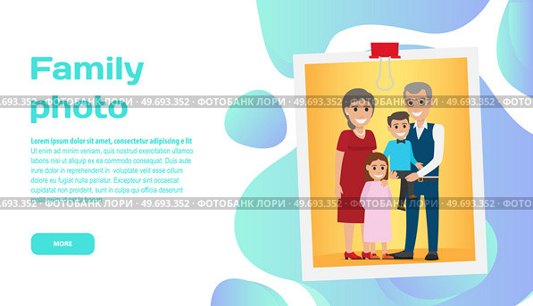 Family photo landing page template. Portrait in frame, adults and children. Photo for memory, sweet memories or interior decor. Mom dad and kids on yellow background. Family photographer website. Family photo landing page template. Portrait in frame, adults and children. Photo for memory. Стоковая иллюстрация, агентство Ingram Publishing / Фотобанк Лори