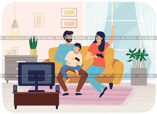 Family playing video games. Mom dad and son gaming with gamepad controller, holding joystick in hands spend time together at home. People siting on sofa in front of monitor and playing computer game. Family playing video games. Mom dad and son gaming with gamepad controller holding joystick in hands. Стоковая иллюстрация, агентство Ingram Publishing / Фотобанк Лори