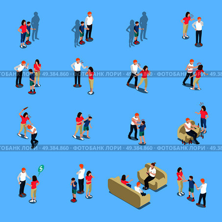 Family problems isometric icons with lack of money, quarrel and violence, alcoholism, blue background, isolated vector illustration. Family Problems Isometric Icons. Стоковая иллюстрация, агентство Ingram Publishing / Фотобанк Лори