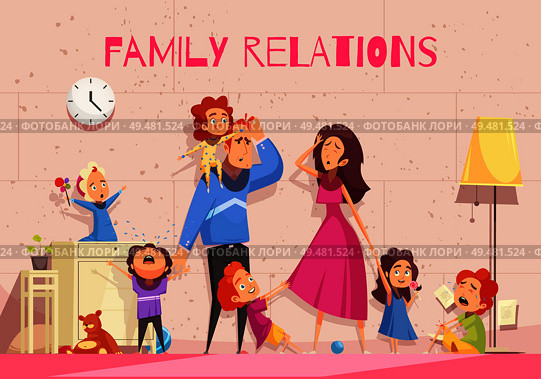 Family relations cartoon poster showing emotion of dejected parents tired of child noise vector illustration. European Family Illustration. Стоковая иллюстрация, агентство Ingram Publishing / Фотобанк Лори