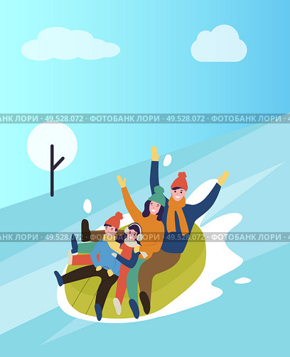 Family sitting in rubber tube going downhill winter fun vector. People sloping, leisure of mother and father, winter park trees in snow wintertime flat style. Family Sitting Rubber Tube Going Downhill Winter. Стоковая иллюстрация, агентство Ingram Publishing / Фотобанк Лори