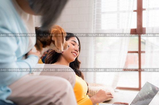 Family vacation, mother, daughter, and beagle puppy relaxing on weekends in the house’s leisure room. Стоковое фото, агентство Ingram Publishing / Фотобанк Лори