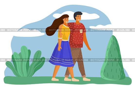 Family walking on green lawn. Girl in blue skirt, yellow blouse, guy in red dotted t-shirt hugs girl. Green landscape, scenic area. Picturesque view. Spend time with family. Shapeless frame on white. Couple walks in summer landscape. City park, trees, lush bush, clear sky, a sun. Flat image. Стоковая иллюстрация, агентство Ingram Publishing / Фотобанк Лори