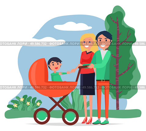 Family walking with baby carriage, mother, father and child walking outdoor, recreational activity vector. Man and woman with son in stroller. Weekend, husband and wife with child in pram illustration. Summer Park and Family Walking with Baby Carriage. Стоковая иллюстрация, агентство Ingram Publishing / Фотобанк Лори