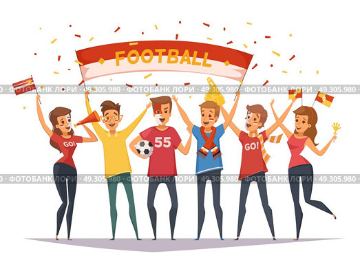 Fan Rooter Buff Group Composition. Colored fan rooter buff group composition with flags and banners girls and boys vector illustration. Стоковая иллюстрация, агентство Ingram Publishing / Фотобанк Лори