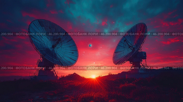 Fantastic digital art depicting two huge radio telescopes pointing into the sky against the backdrop of a stunning sunset. The red and pink hues of the sunset mix with the deep blue and turquoise tones of the sky, creating a dramatic contrast. In the center of the composition is a bright point of light - perhaps a star or an enigmatic object symbolizing a cosmic mystery. The antennas look monumental and technological, creating an atmosphere of scientific research, research into extraterrestrial signals and communication with the Universe. Стоковое AI-изображение, AI-художник Анна Кривицкая / Фотобанк Лори