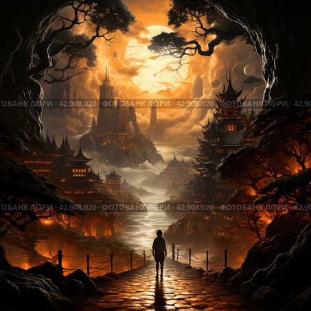 Fantastic landscape in oriental style. A man stands in the center of the frame, looking out at the grand view: a rising sun surrounded by planets and clouds against a backlit sky. Sunlit traditional oriental pagodas look mystical and sublime against the backdrop of high mountain peaks. Стоковое AI-изображение, AI-художник Анна Кривицкая / Фотобанк Лори