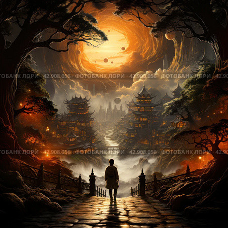 Fantastic landscape in oriental style. A man stands in the center of the frame, looking out at the grand view: a rising sun surrounded by planets and clouds against a backlit sky. Sunlit traditional oriental pagodas look mystical and sublime against the backdrop of high mountain peaks. Стоковое AI-изображение, AI-художник Анна Кривицкая / Фотобанк Лори