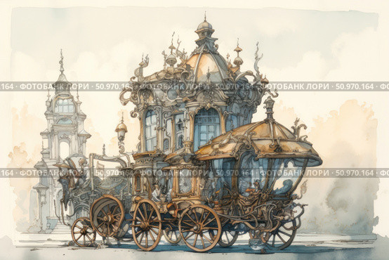 Fantastic watercolor illustration with an elegant and detailed carriage in the Baroque or Rococo style. Architectural elements, decorative curls, ornate shapes and exquisite detailing create the feeling of a fairy-tale parade or court procession. In the background is an airy silhouette of a palace or tower. The atmosphere combines magic and grandeur, ideal for fairy tales, historical or fantasy projects, book design, postcards, wall prints. Стоковое AI-изображение, AI-художник Анна Кривицкая / Фотобанк Лори