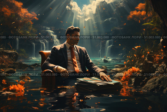 Fantasy conceptual scene: a man in a business suit sits on a leather chair right in the water among a wild forest with waterfalls. In his hands and on his knees are folders with documents. Sunbeams break through the clouds and foliage, creating dramatic lighting. Bright autumn colors of nature contrast with the seriousness of the office image. The work symbolizes the balance between civilization and nature, overload, escape from routine, the power of solitude and the contrast between the outer and inner worlds. Стоковое AI-изображение, AI-художник Анна Кривицкая / Фотобанк Лори