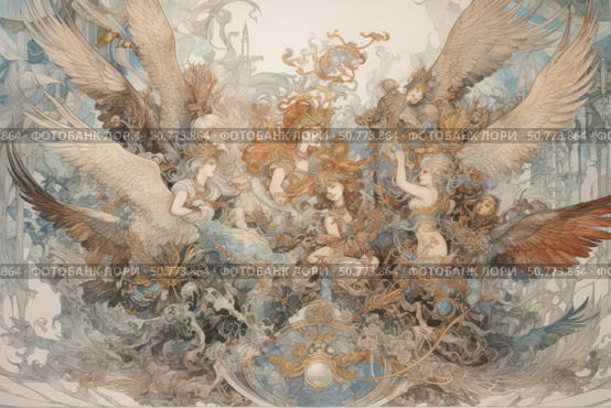 Fantasy illustration depicting a group of angels with large wings, surrounded by complex ornaments and mystical elements. The angels are depicted in smooth, graceful poses, dressed in airy clothes with many details and decorations. The color palette is soft, with a predominance of light beige, blue and golden shades, creating an atmosphere of divine light and magic. The picture is filled with dynamics and energy, conveying a sense of spirituality and grandeur. Стоковое AI-изображение, AI-художник Анна Кривицкая / Фотобанк Лори