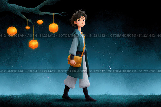 Fantasy illustration of a young traveler walking at night in a magical forest, illuminated by pumpkin lanterns hanging from a spooky tree, creating a cozy and adventurous atmosphere. Стоковое AI-изображение, AI-художник Юрий Поздников / Фотобанк Лори