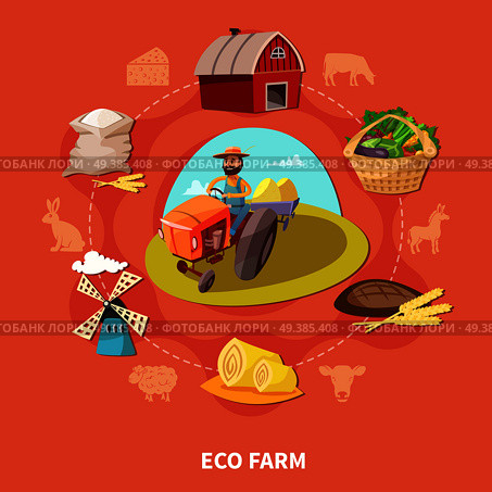 Farm cartoon colored composition with eco farm headline and different elements on the theme combined in circle vector illustration. Farm Cartoon Colored Composition. Стоковая иллюстрация, агентство Ingram Publishing / Фотобанк Лори