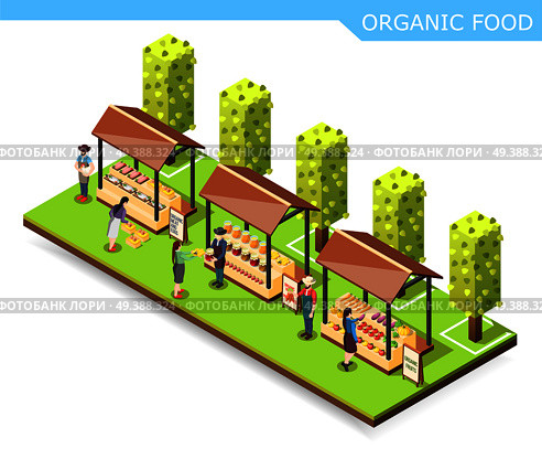 Farm market with organic food isometric composition with vegetables, preserves, meat and fish on counters vector illustration. Farm Market Organic Food Composition. Стоковая иллюстрация, агентство Ingram Publishing / Фотобанк Лори