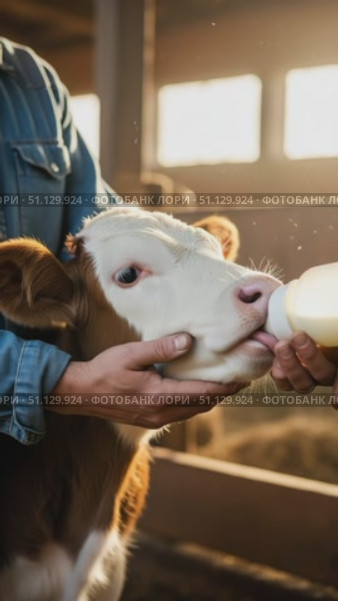 Farmer feeding a calf milk in a barn, for agriculture websites. Стоковое AI-видео, аниматор Журавлева Кристина / Фотобанк Лори