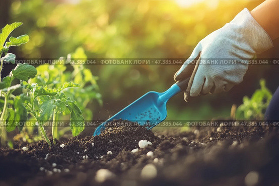Farmer in blue gloves with fertilizer grains to soil. Hands applying mineral fertilizer white granules to tomato plant. Vegetable garden. Agriculture industry, development, economy investment growth. Стоковое AI-изображение, AI-художник Марина Демидюк / Фотобанк Лори