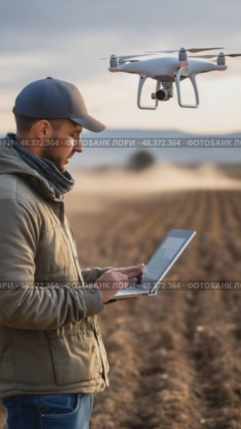Farmer using laptop controlling drone over field. Стоковое AI-видео, аниматор Юрий Поздников / Фотобанк Лори
