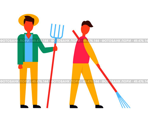 Farmer with hayfork pike and man working using rake to remove leaves of autumn trees. People males occupied with rural job on land isolated vector icons. farmer with Hayfork and Rake Vector Illustration. Стоковая иллюстрация, агентство Ingram Publishing / Фотобанк Лори