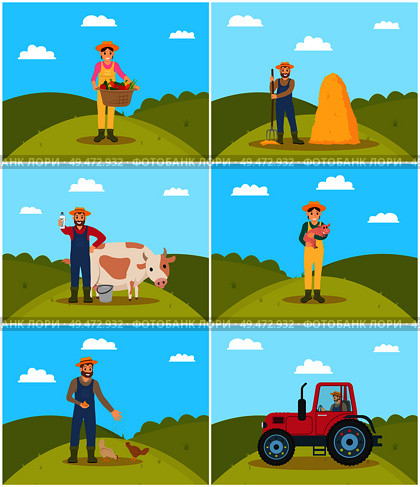 Farmer with wicker basket set vector. Hayfork held by man, farming woman harvesting on field holding vegetables. Person with cow, piglet and hens. Farmer with Wicker Basket Set Vector Illustration. Стоковая иллюстрация, агентство Ingram Publishing / Фотобанк Лори