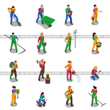 Farmers At Work Isometric Icons Set. Farmers at work with scythe fork rake and shovel isometric figures icons collection abstract isolated vector illustration. Стоковая иллюстрация, агентство Ingram Publishing / Фотобанк Лори