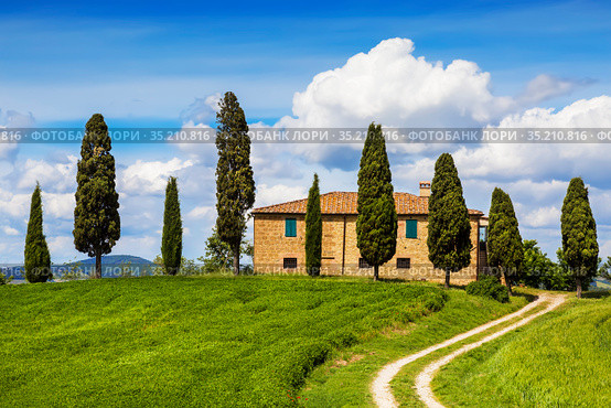 Farmhouse with cypresses around, Tuscany, Italy (2014 год). Стоковое фото, фотограф Наталья Волкова / Фотобанк Лори