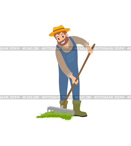 Farming man with rake working on land isolated icon vector. Farmer spreading compost on soil ground to have good harvest. Agricultural farming work. Farming Man with Rake Icon Vector Illustration. Стоковая иллюстрация, агентство Ingram Publishing / Фотобанк Лори