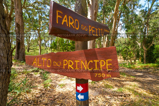 Faro Peito road sign to Lighthouse in Islas Cies islands of Vigo Spain. Стоковое фото, агентство Ingram Publishing / Фотобанк Лори