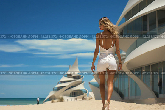 Fashion catwalk on the seashore with a model in white showing off an outfit,Generative AI. Стоковое AI-изображение, AI-художник Анна Кривицкая / Фотобанк Лори