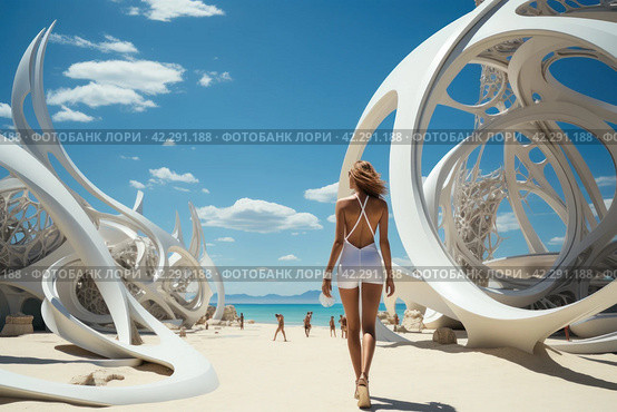 Fashion catwalk on the seashore with a model in white showing off an outfit,Generative AI. Стоковое AI-изображение, AI-художник Анна Кривицкая / Фотобанк Лори