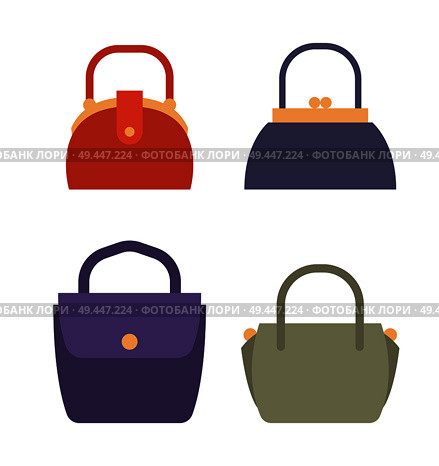 Fashionable female bags of natural leather set. Colorful handbags with golden clasps and convenient handles. Stylish casual bags vector illustrations.. Fashionable Female Bags of Natural Leather Set. Стоковая иллюстрация, агентство Ingram Publishing / Фотобанк Лори