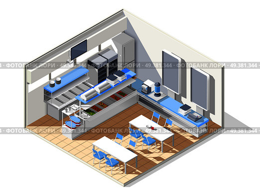 Fast food self service restaurant isometric interior composition with refectory equipment tables with chairs and furniture vector illustration. Eating House Isometric Composition. Стоковая иллюстрация, агентство Ingram Publishing / Фотобанк Лори
