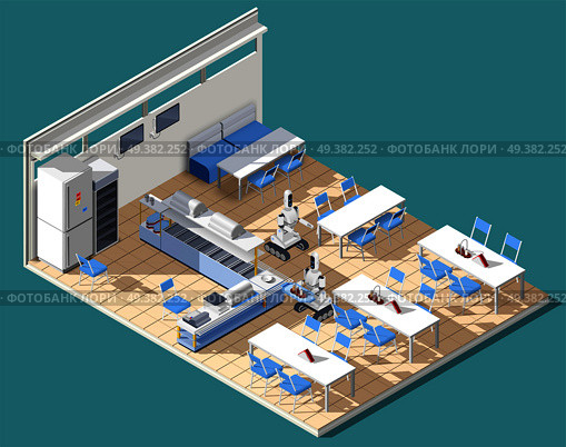 Fast food service restaurant isometric interior with tables chairs and robotic waiters chasing food on platters vector illustration. Fastfood Restaurant Isometric Composition. Стоковая иллюстрация, агентство Ingram Publishing / Фотобанк Лори