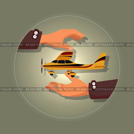 Fast modern yellow aeroplane on gray vector illustration. Powered and fixed-wing aircraft work due to propeller or jet engine. Plane has three wheels wings rudder. Insurance concept to take care.. Fast Modern Yellow Aeroplane on Gray Background. Стоковая иллюстрация, агентство Ingram Publishing / Фотобанк Лори