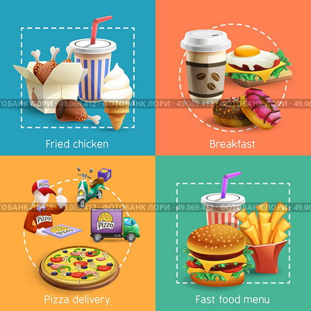 Fastfood 4 Cartoon Icons Square Composition. Fast food restaurant breakfast menu with pizza delivery service 4  icons square composition banner cartoon vector illustration. Стоковая иллюстрация, агентство Ingram Publishing / Фотобанк Лори