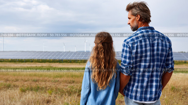 Father and daughter looking at solar panels. Solar farm and sunlight at sunset. Solar energy for green energy. Sustainable renewable energy. Photovoltaic power plant or solar park. Energy sustainability. Стоковое AI-изображение, AI-художник ALLA YURTAYEVA / Фотобанк Лори